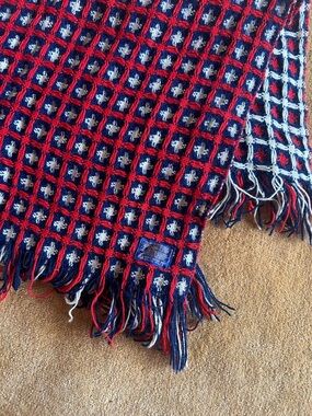 Vintage Pendleton Wool Reversible Navy, Red & Cream Fringe Throw